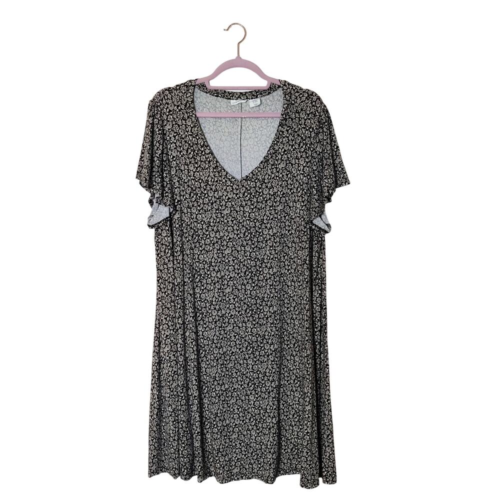 Lucky Brand Black Floral Short Sleeve Jersey Swing Dress 2X 90s Fairy Grunge